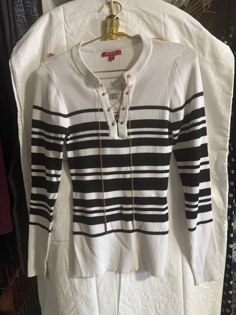 Guess Black & White Striped Lace-Up Ribbed Sweater
